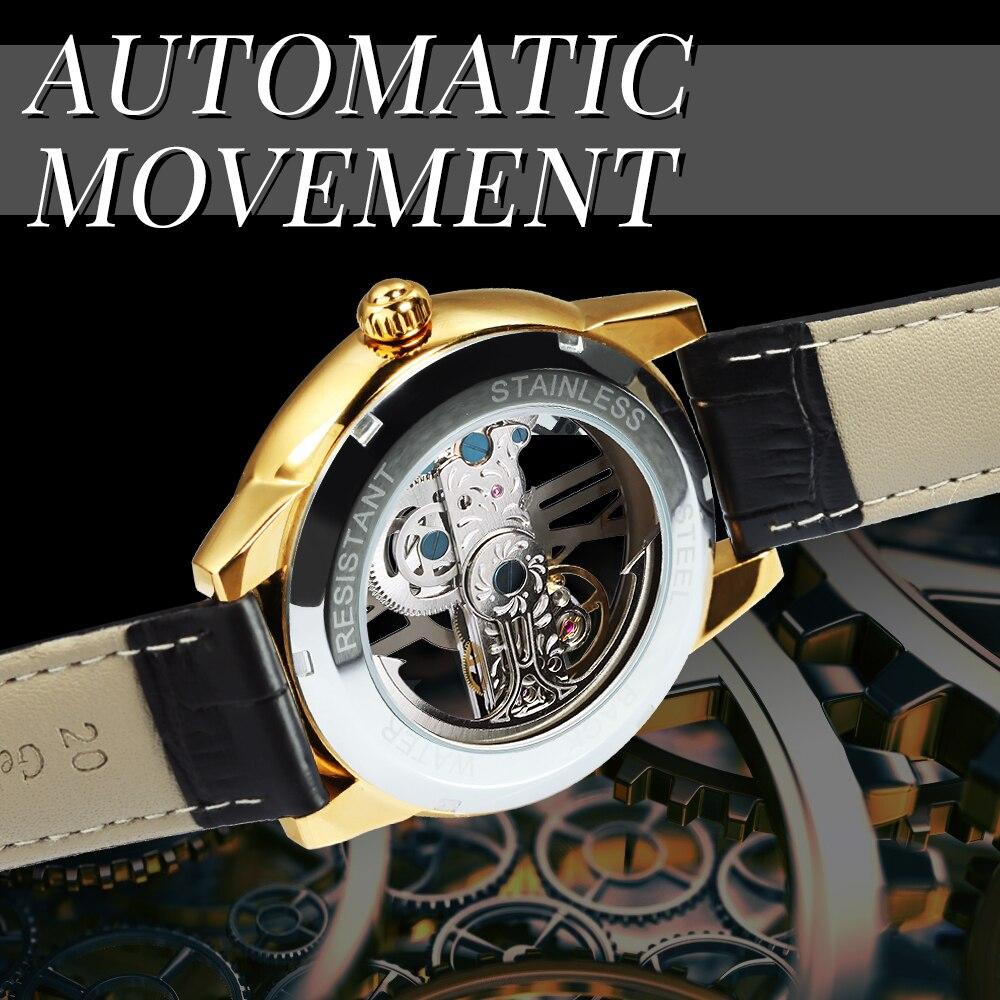 Fashion Transparent Skeleton Luxury Watch for Men with mechanical movement, leather strap, and golden bridge crystal dial.