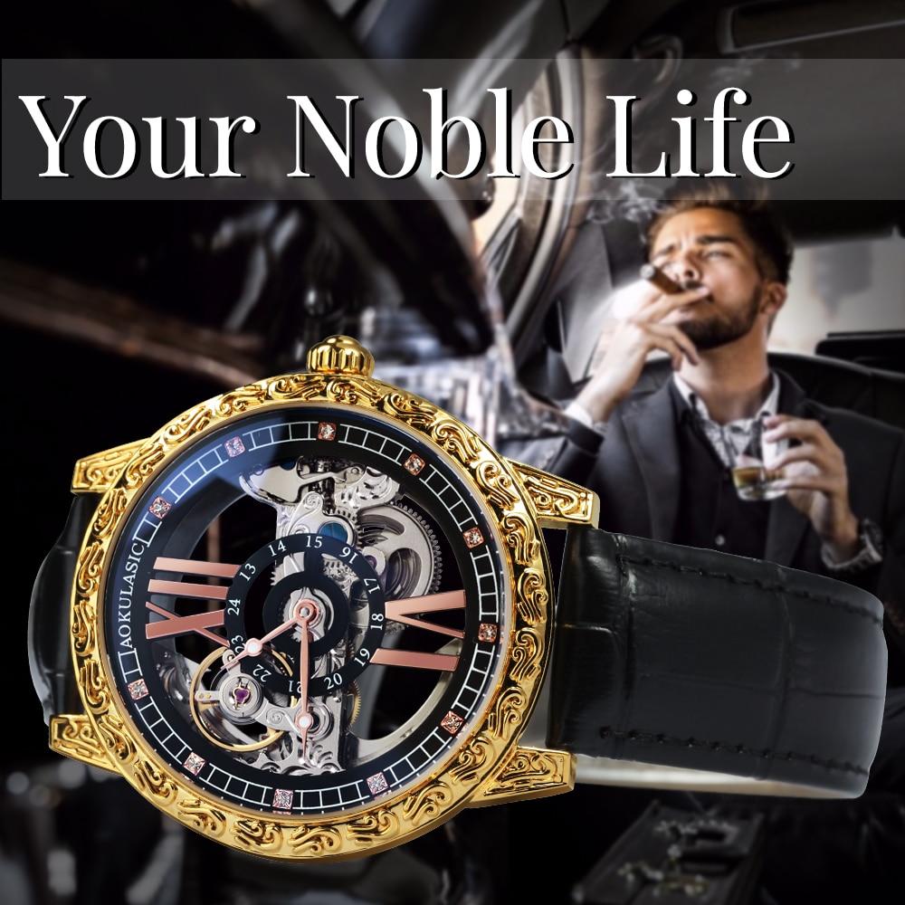 Fashion Transparent Skeleton Luxury Watch for Men with mechanical movement, leather strap, and golden bridge crystal dial.