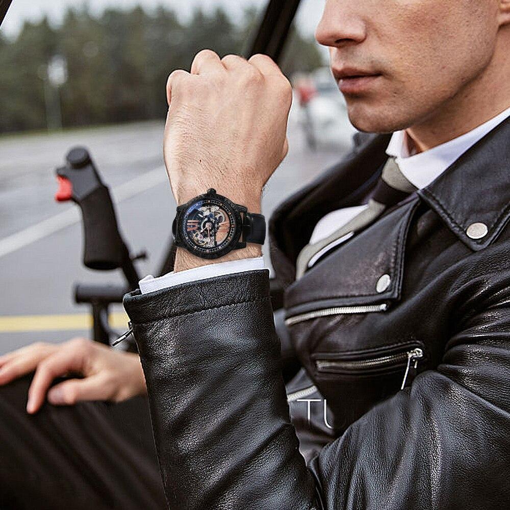 Fashion Transparent Skeleton Luxury Watch for Men with mechanical movement, leather strap, and golden bridge crystal dial.