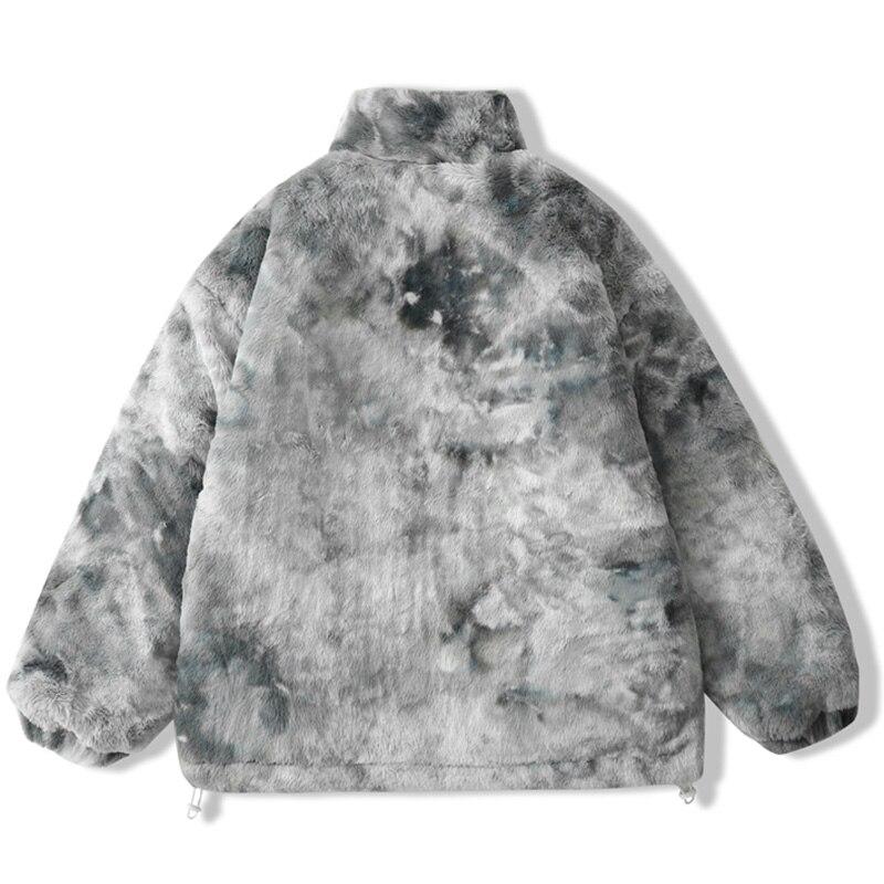 Men's faux fur fleece winter jacket in tie-dye print, showcasing a cozy and stylish design perfect for casual outings.