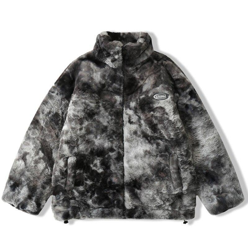 Men's faux fur fleece winter jacket in tie-dye print, showcasing a cozy and stylish design perfect for casual outings.