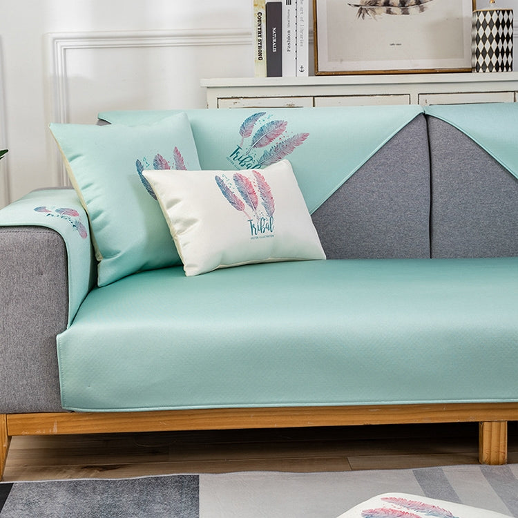 Feather Pattern Summer Ice Silk Non-slip Sofa Cover showcasing vibrant colors and silicone non-slip dots for stability.