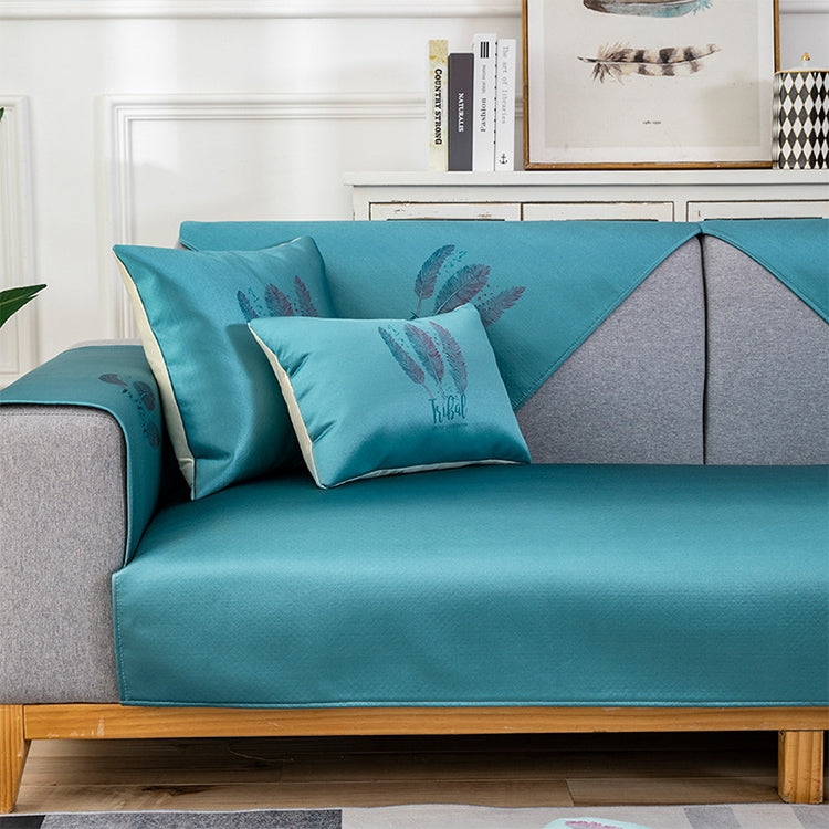 Feather Pattern Summer Ice Silk Non-slip Full Coverage Sofa Cover in vibrant colors, showcasing its soft texture and non-slip design.