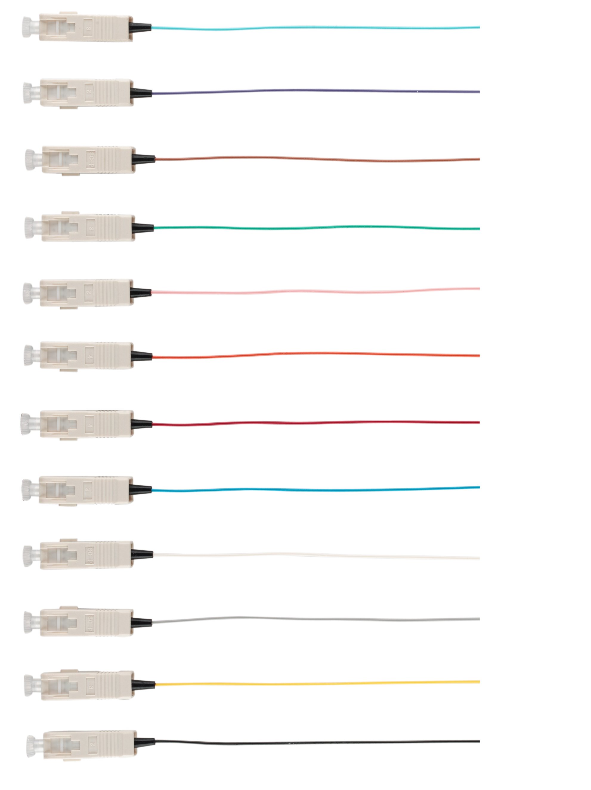 Fibre Pigtail SC OM4 Multimode 2m - 12 pack Rainbow with colour-coded connectors for high-speed network connections.