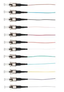 Fibre Pigtail ST OM3 Multimode 2m - 12 pack Rainbow with color-coded connectors for high-speed network connections.