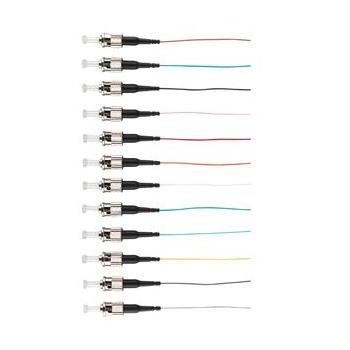 Fibre Pigtail ST OM4 Multimode 2m in a 12 pack, featuring vibrant rainbow colors for easy identification and high-speed network connectivity.