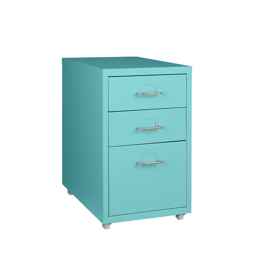 A Tiffany blue 3-tier steel filing cabinet with label holder and wheels, designed for home office organization.