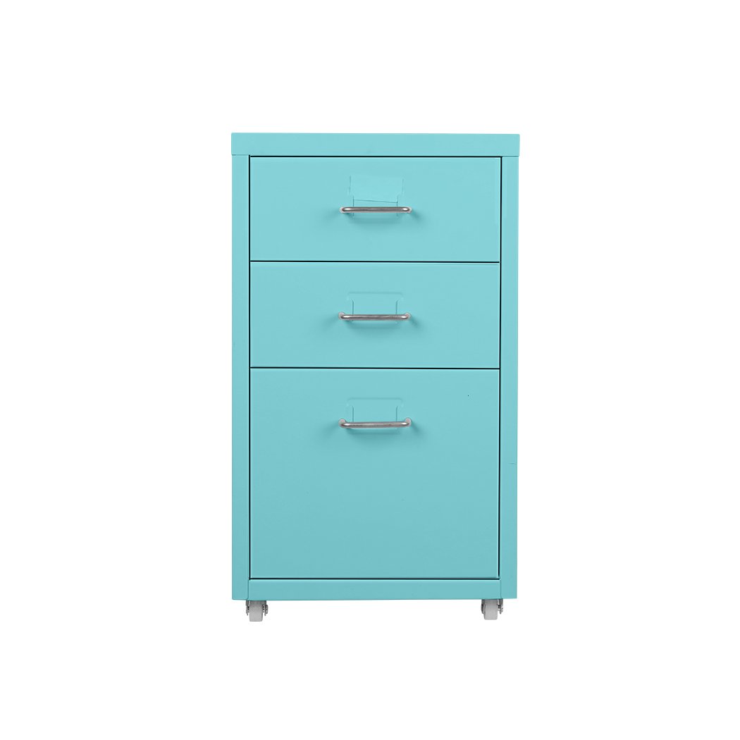 A Tiffany blue 3-tier steel filing cabinet with label holder and wheels, designed for home office organization.
