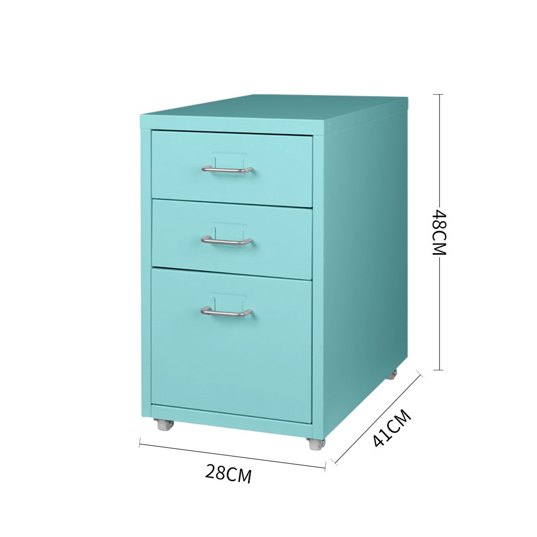 A Tiffany blue 3-tier steel filing cabinet with label holder and wheels, designed for home office organization.
