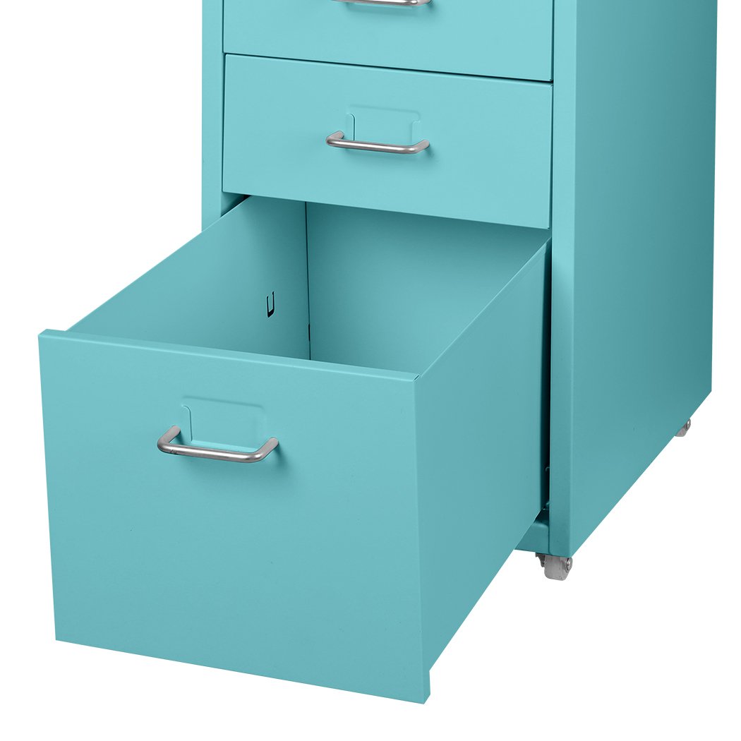 A Tiffany blue 3-tier steel filing cabinet with label holder and wheels, designed for home office organization.