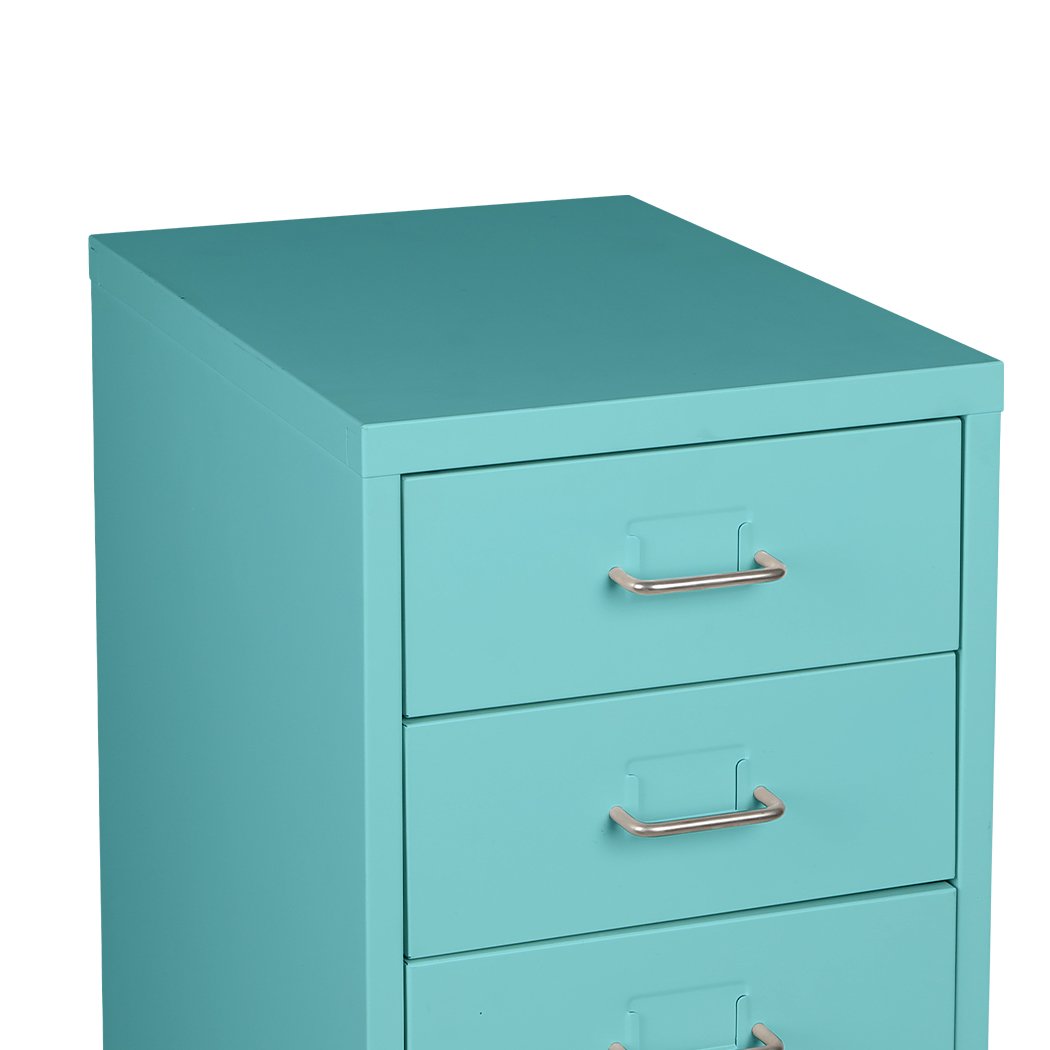 A Tiffany blue 3-tier steel filing cabinet with label holder and wheels, designed for home office organization.