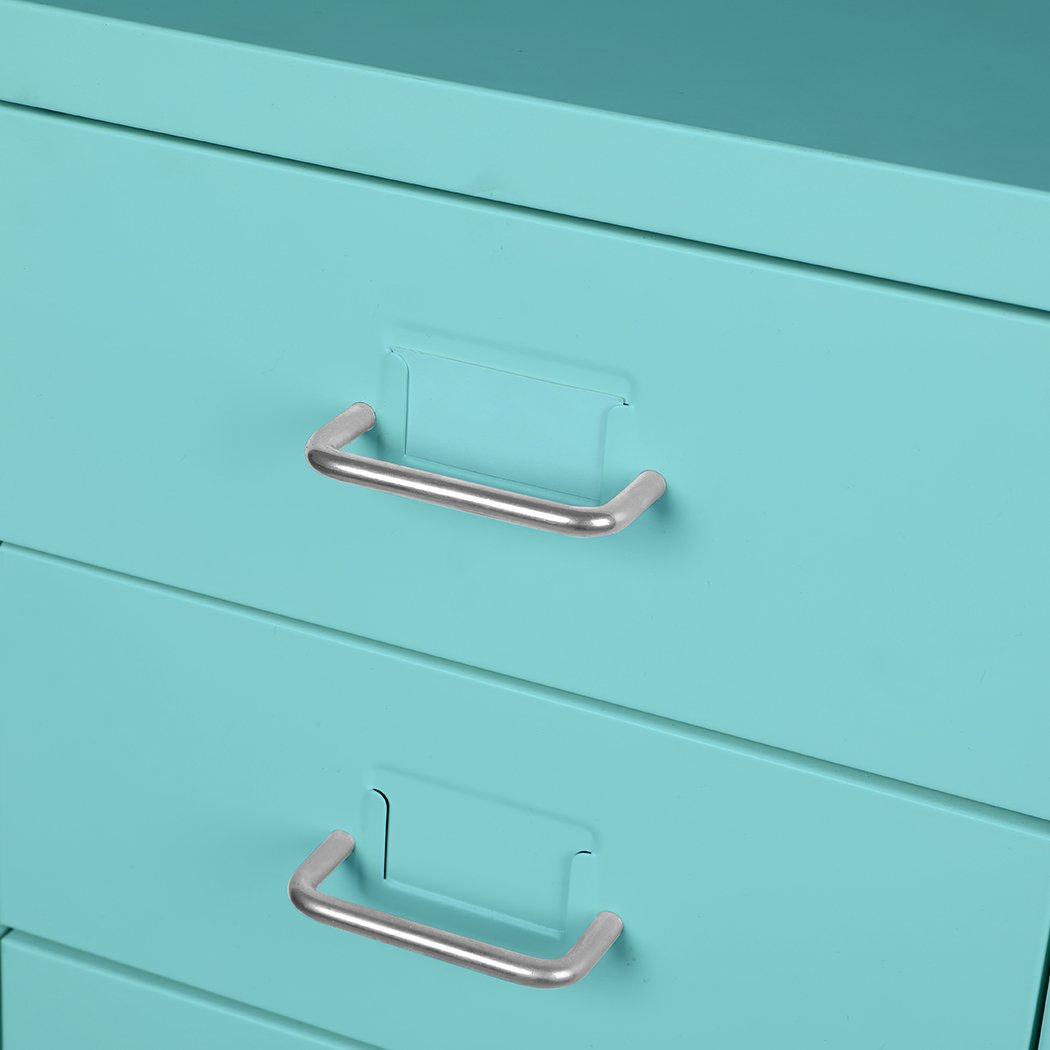 A Tiffany blue 3-tier steel filing cabinet with label holder and wheels, designed for home office organization.