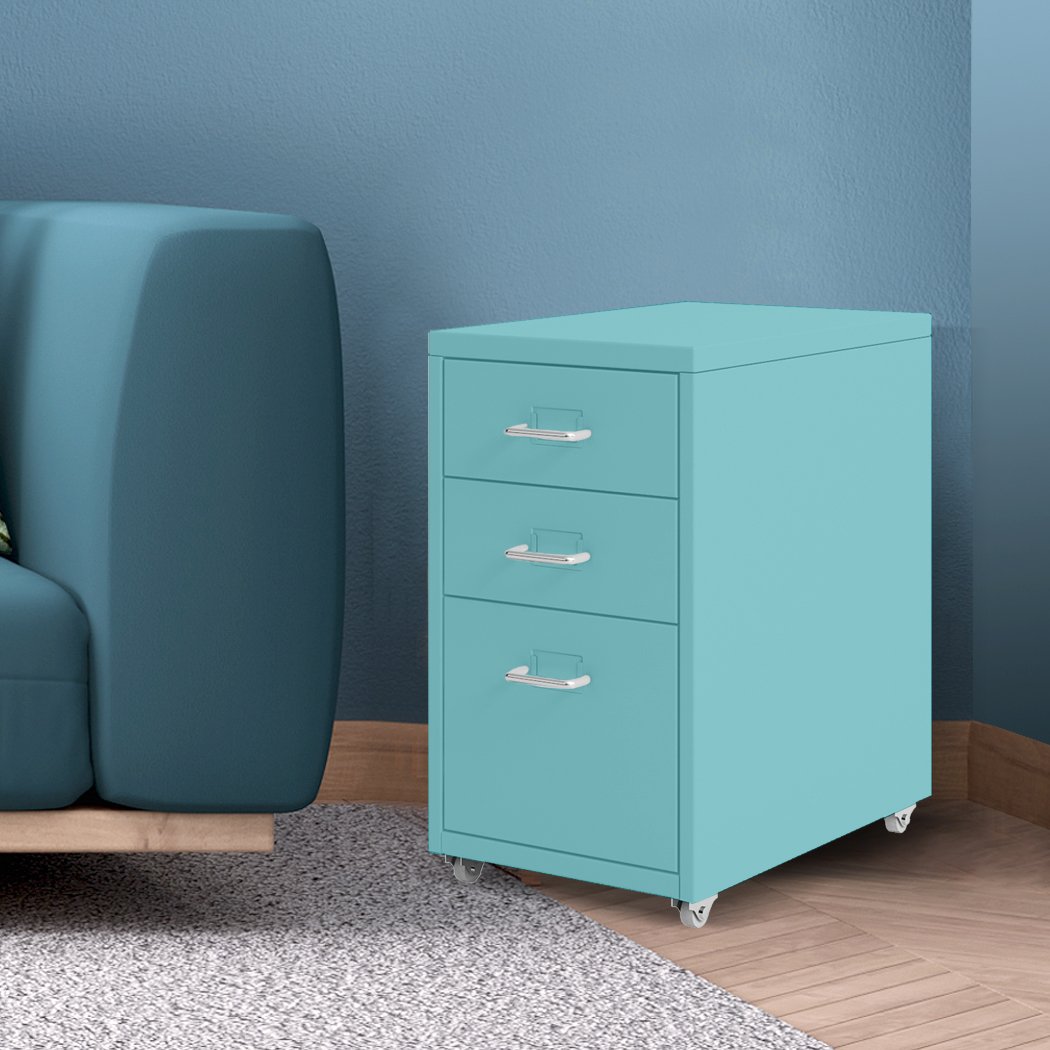A Tiffany blue 3-tier steel filing cabinet with label holder and wheels, designed for home office organization.