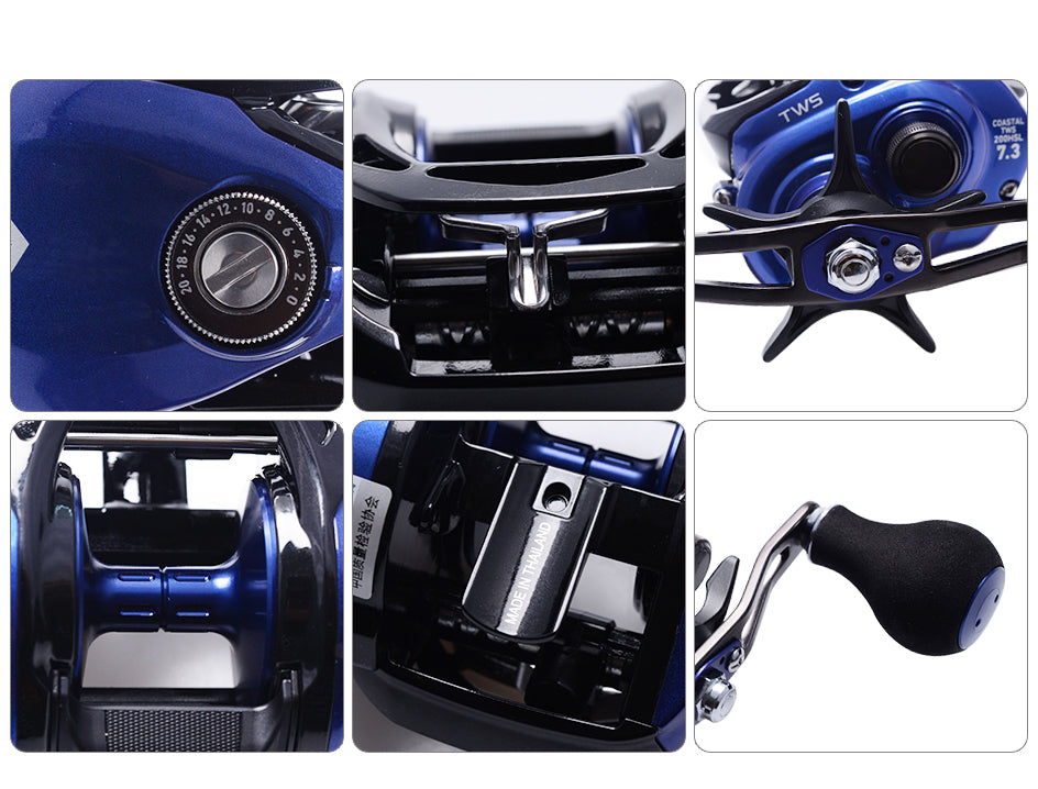 Fishing Baitcasting Reel 200HS/200HSL with SV spool, designed for saltwater fishing, showcasing its low profile and durable construction.