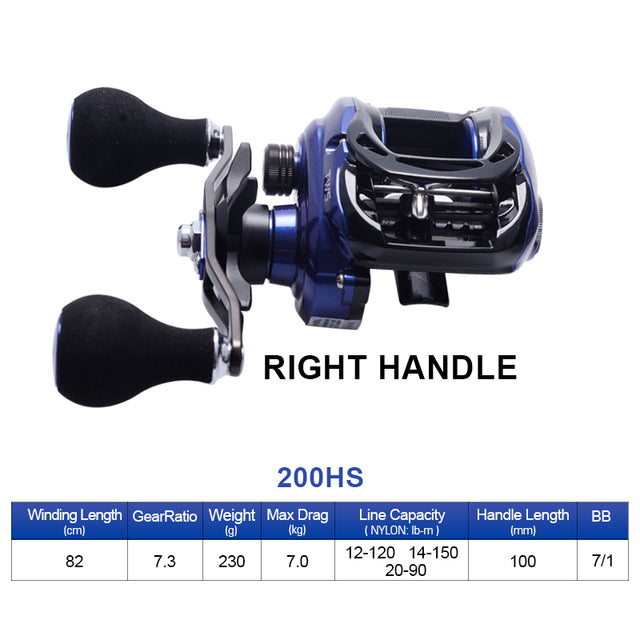 Fishing Baitcasting Reel 200HS/200HSL with SV spool, designed for saltwater fishing, showcasing its low profile and durable construction.