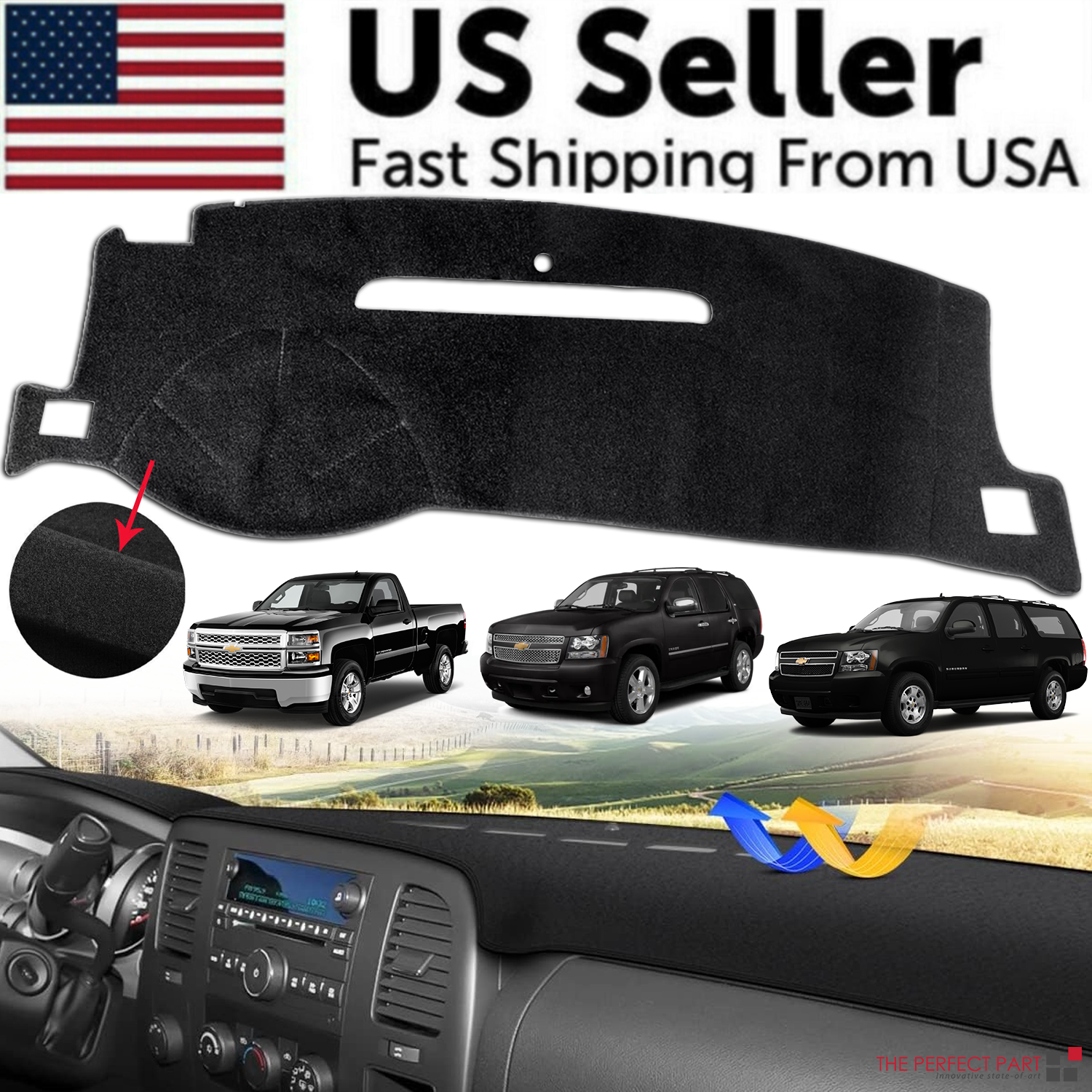 Dashboard pad cover for 2007-2014 Chevy Silverado, Tahoe, and Suburban, made from high-quality polyester material.