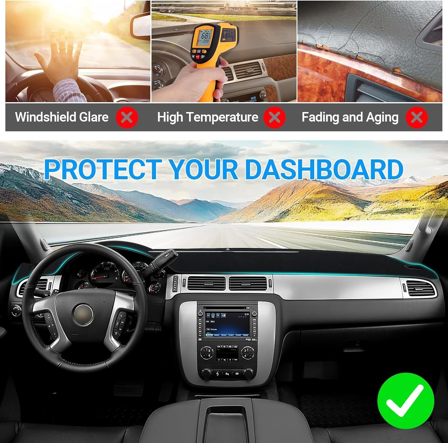 Dashboard pad cover for 2007-2014 Chevy Silverado, Tahoe, and Suburban, made from high-quality polyester material.