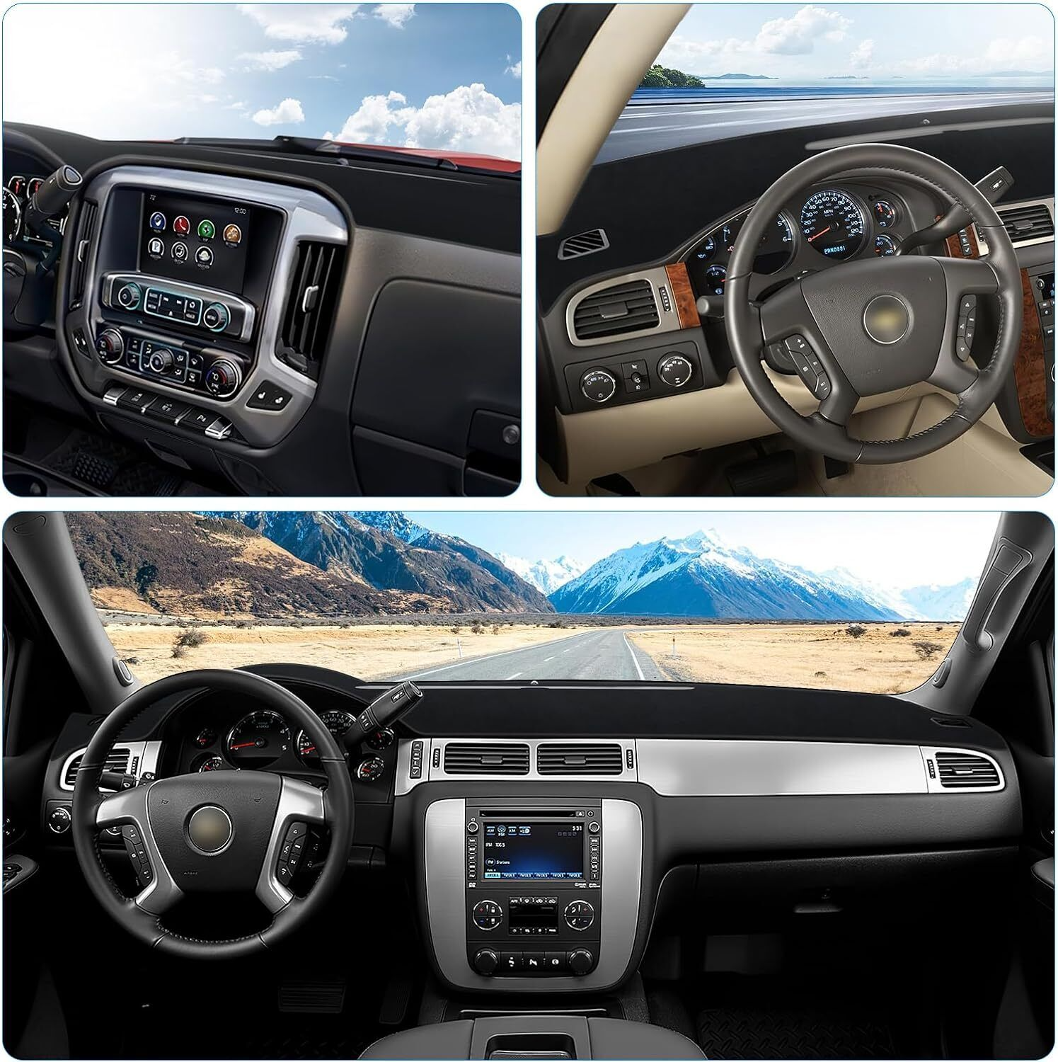 Dashboard pad cover for 2007-2014 Chevy Silverado, Tahoe, and Suburban, made from high-quality polyester material.
