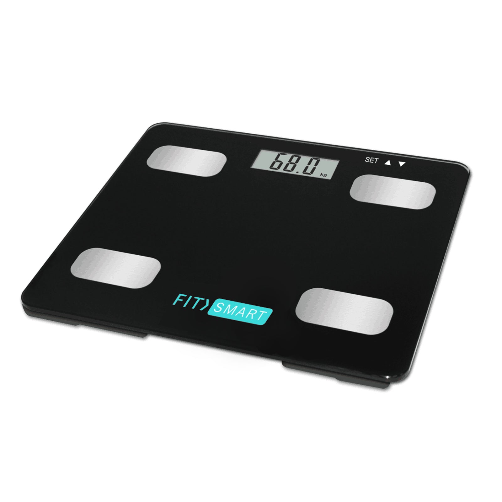 Fit Smart Electronic Floor Body Scale in black with LCD display on a white background, showcasing its sleek tempered glass design.