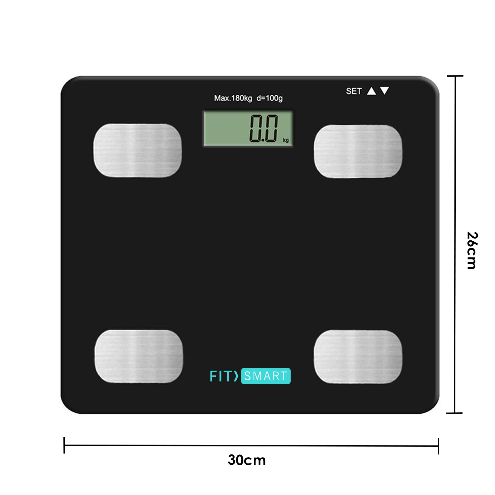 Fit Smart Electronic Floor Body Scale in black with LCD display on a white background, showcasing its sleek tempered glass design.