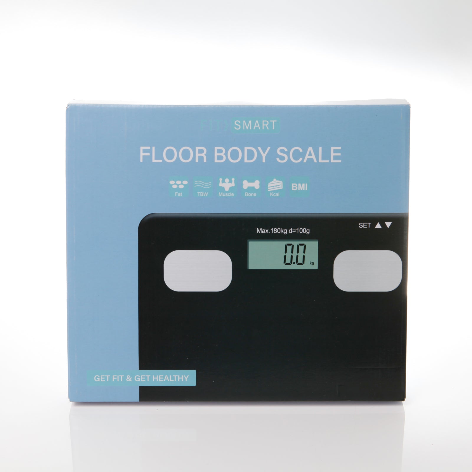 Fit Smart Electronic Floor Body Scale in black with LCD display on a white background, showcasing its sleek tempered glass design.