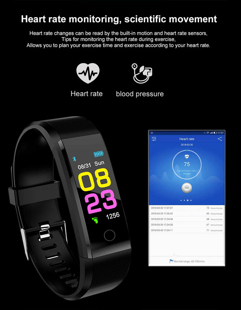 Fitness Smart Watch Activity Tracker with heart rate and oxygen monitoring features, designed for both men and women, showcasing a sleek touch screen.