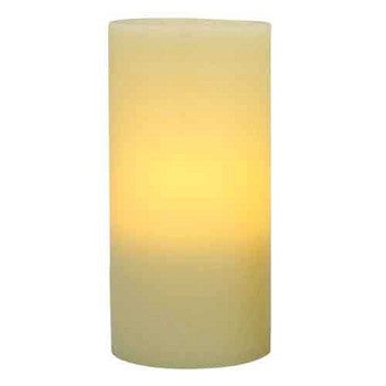 Flameless 4 x 8 Flat Top Wax Pillar Candle in a cozy indoor setting, showcasing its elegant design and warm glow.