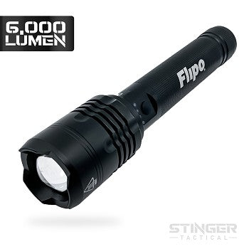 Flipo Stinger™ 6000 Lumen Tactical Flashlight displayed in a retail setting, showcasing its sleek design and features.