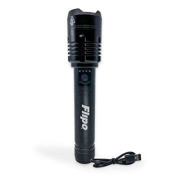 Flipo Stinger™ 6000 Lumen Tactical Flashlight displayed in a retail setting, showcasing its sleek design and features.