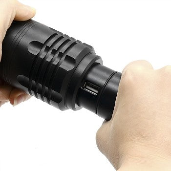 Flipo Stinger™ 6000 Lumen Tactical Flashlight displayed in a retail setting, showcasing its sleek design and features.