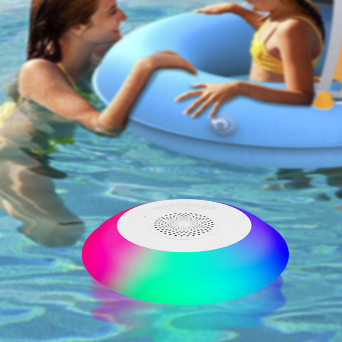 Floatilla Bluetooth LED Waterproof Speaker designed for pool parties, featuring vibrant LED lights and a sleek, portable design.