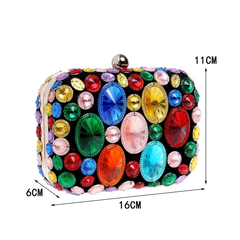 A vibrant Flower Candy Color Evening Bag adorned with diamonds, pearls, and floral decorations, perfect for weddings and parties.
