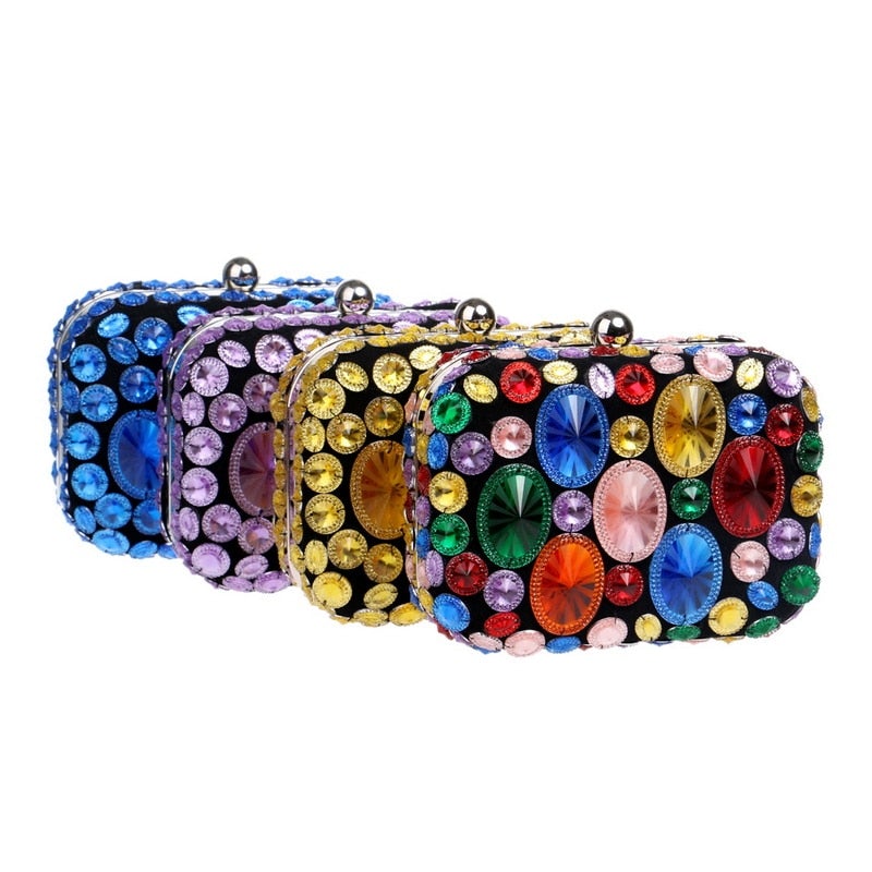 A vibrant Flower Candy Color Evening Bag adorned with diamonds, pearls, and floral decorations, perfect for weddings and parties.