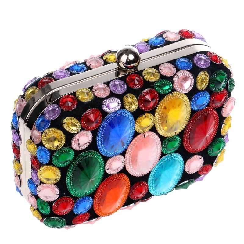 A vibrant Flower Candy Color Evening Bag adorned with diamonds, pearls, and floral decorations, perfect for weddings and parties.
