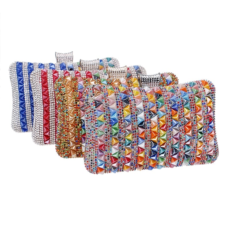 A vibrant Flower Candy Color Evening Bag adorned with diamonds, pearls, and floral decorations, perfect for weddings and parties.