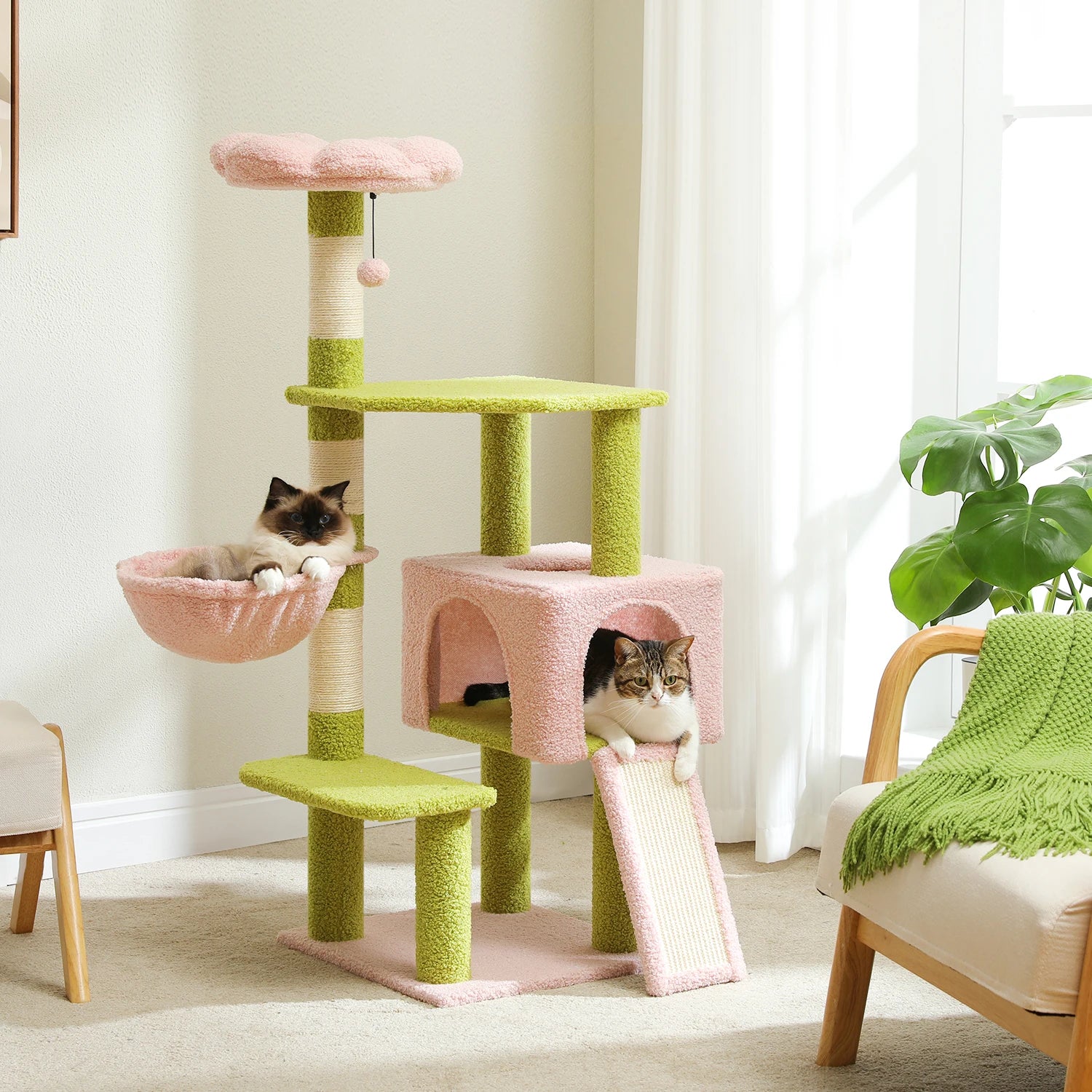 Multi-level Flower Cat Tree with sisal scratching posts, designed for playful cats, featuring vibrant colors and spacious platforms.