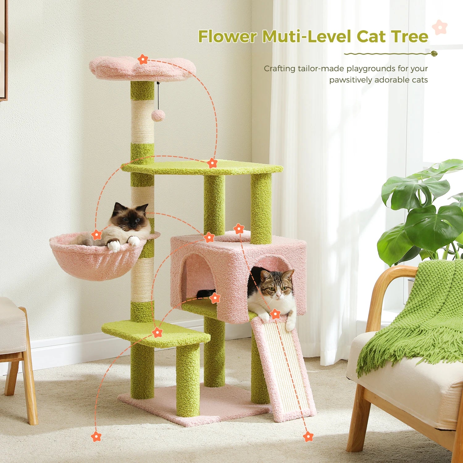 Multi-level Flower Cat Tree with sisal scratching posts, designed for playful cats, featuring vibrant colors and spacious platforms.