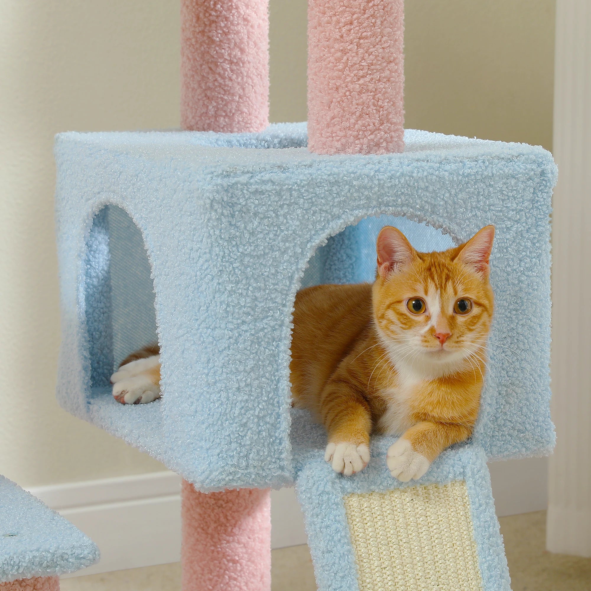 Multi-level Flower Cat Tree with sisal scratching posts, designed for playful cats, featuring vibrant colors and spacious platforms.