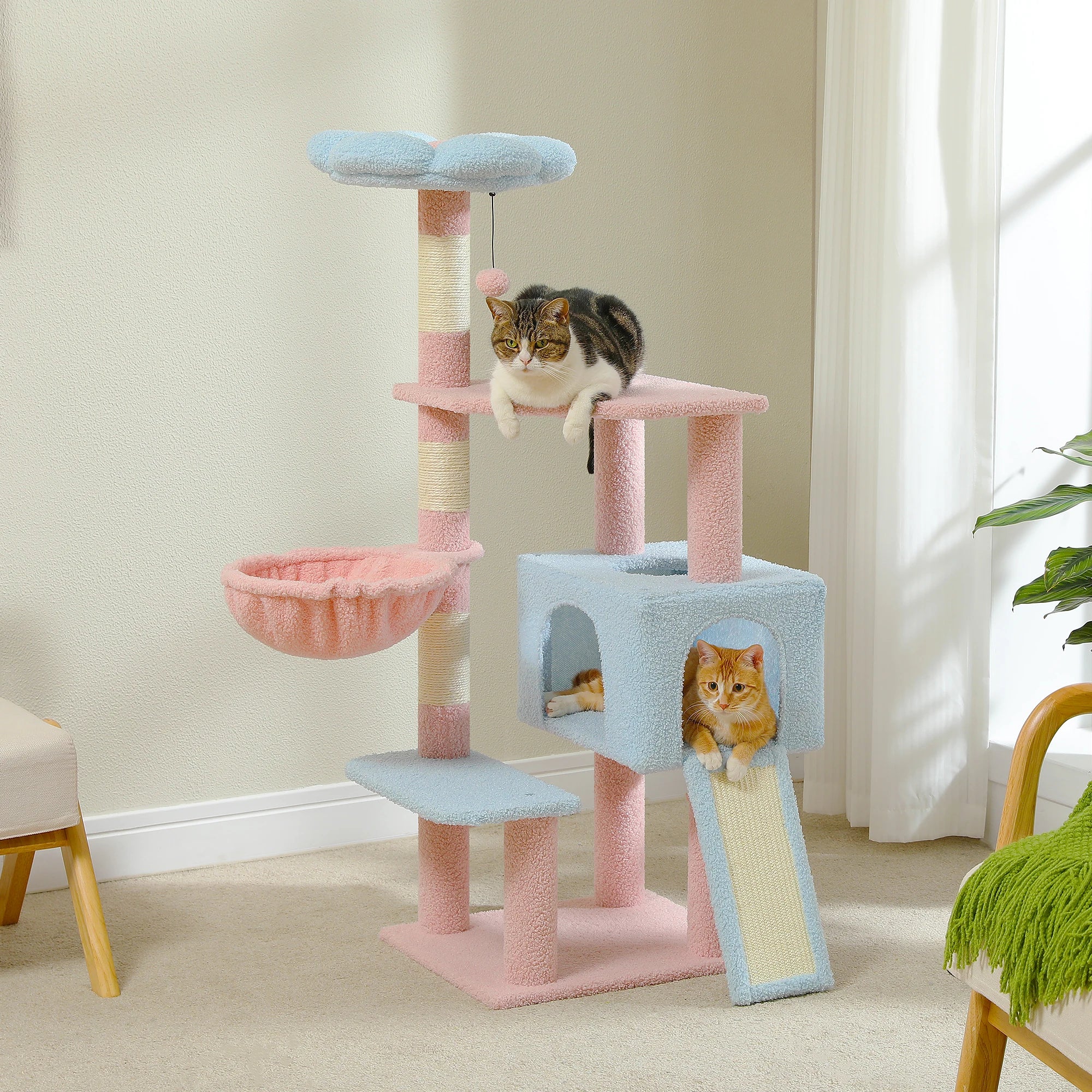 Multi-level Flower Cat Tree with sisal scratching posts, designed for playful cats, featuring vibrant colors and spacious platforms.