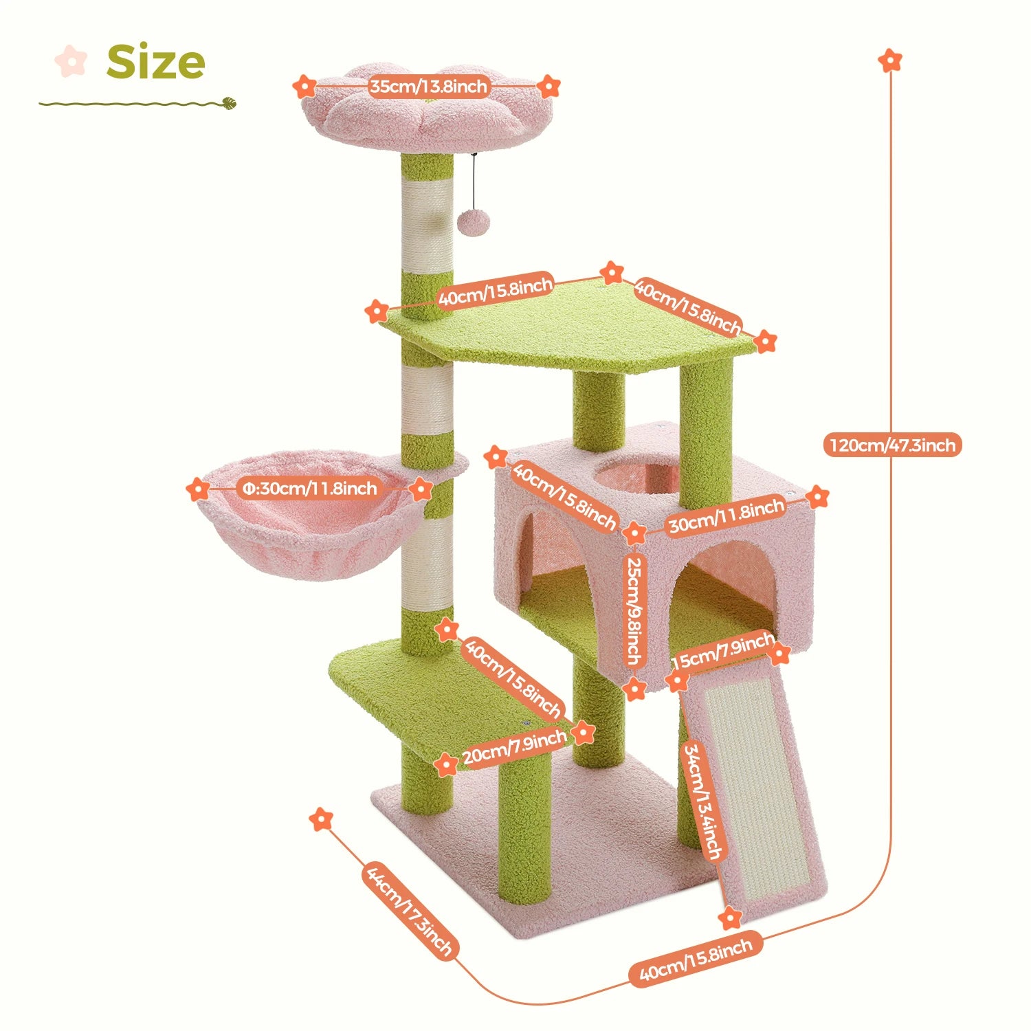 Multi-level Flower Cat Tree with sisal scratching posts, designed for playful cats, featuring vibrant colors and spacious platforms.