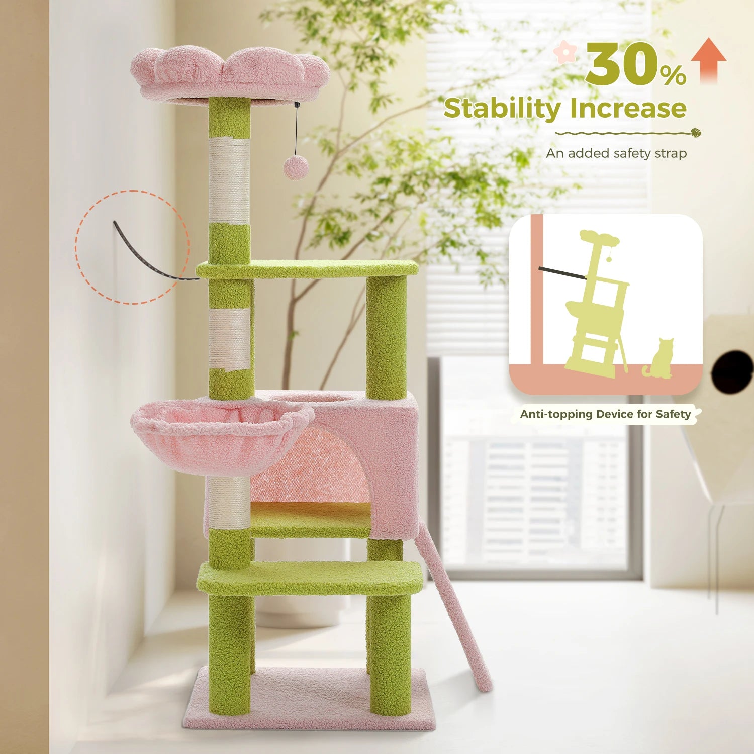 Multi-level Flower Cat Tree with sisal scratching posts, designed for playful cats, featuring vibrant colors and spacious platforms.