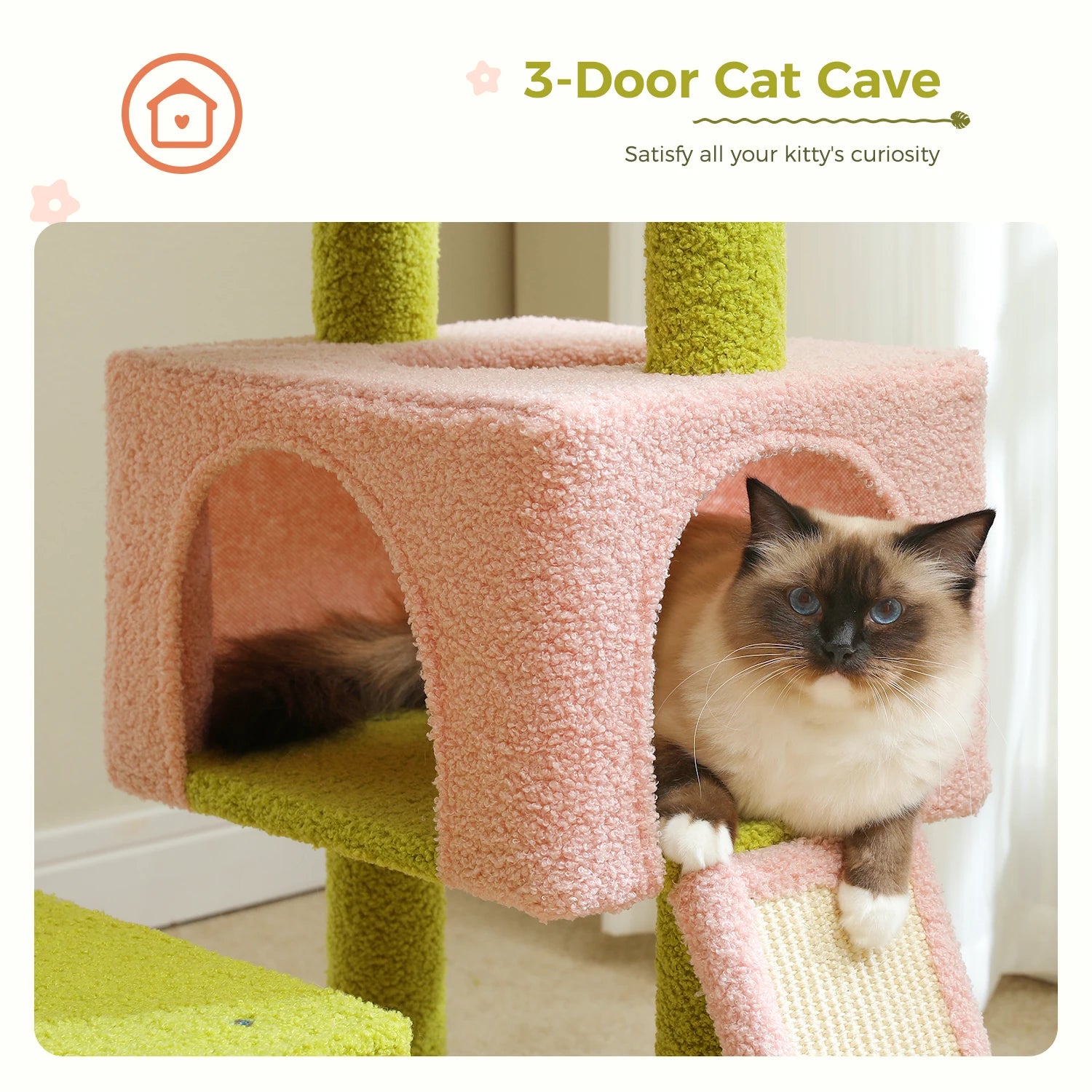 Multi-level Flower Cat Tree with sisal scratching posts, designed for playful cats, featuring vibrant colors and spacious platforms.