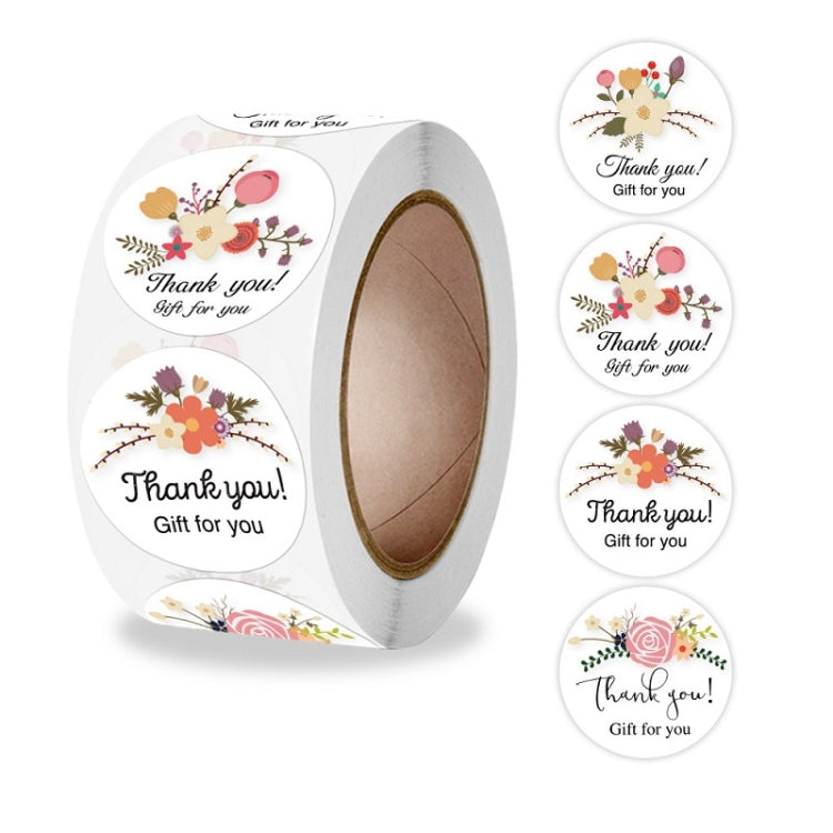 A roll of Flower Hand-decorated Thank You Sealing Stickers featuring floral designs, perfect for gift wrapping and baking.