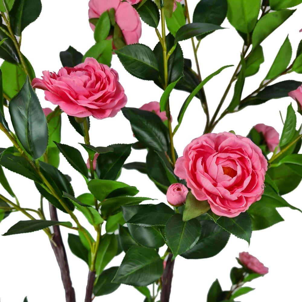 A 100cm tall flowering pink artificial camellia tree with lush green leaves and delicate pink flowers, perfect for indoor decoration.