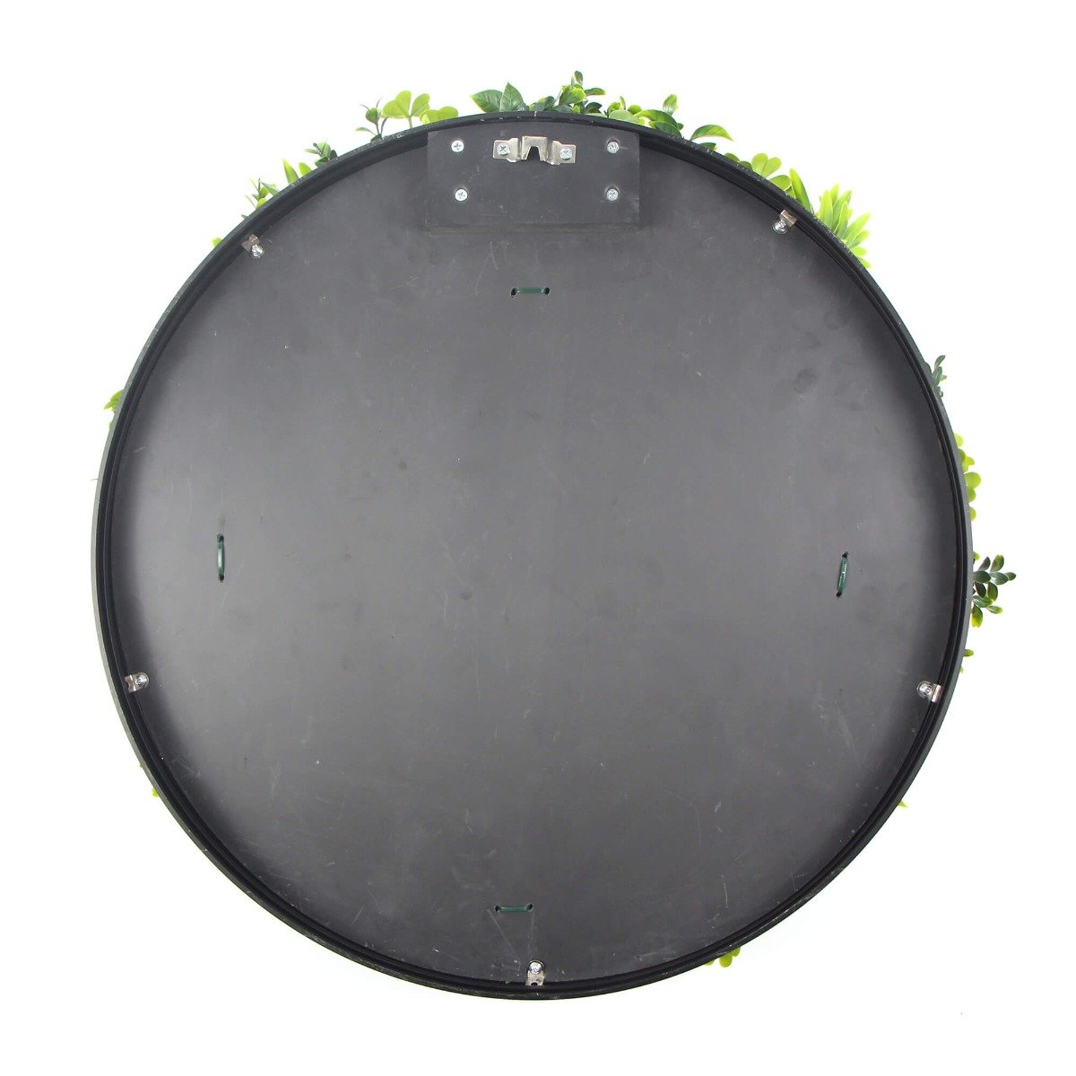 Flowering White Artificial Green Wall Disc with black frame, showcasing realistic foliage and elegant design, perfect for indoor and outdoor decor.