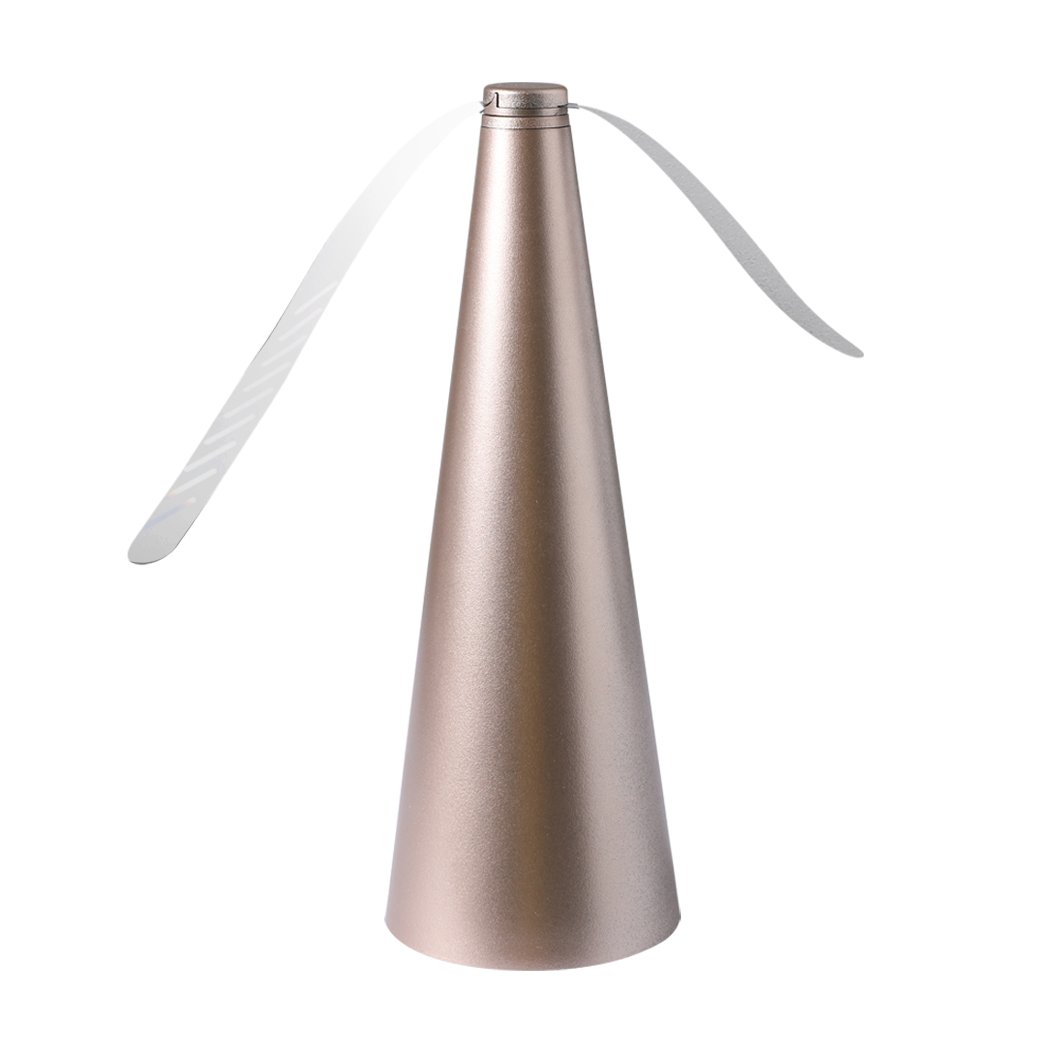 Fly Free Entertaining Chemical Free Fly Repellent Fly Fan in rose gold color, featuring soft stop blades and a lightweight, portable design.