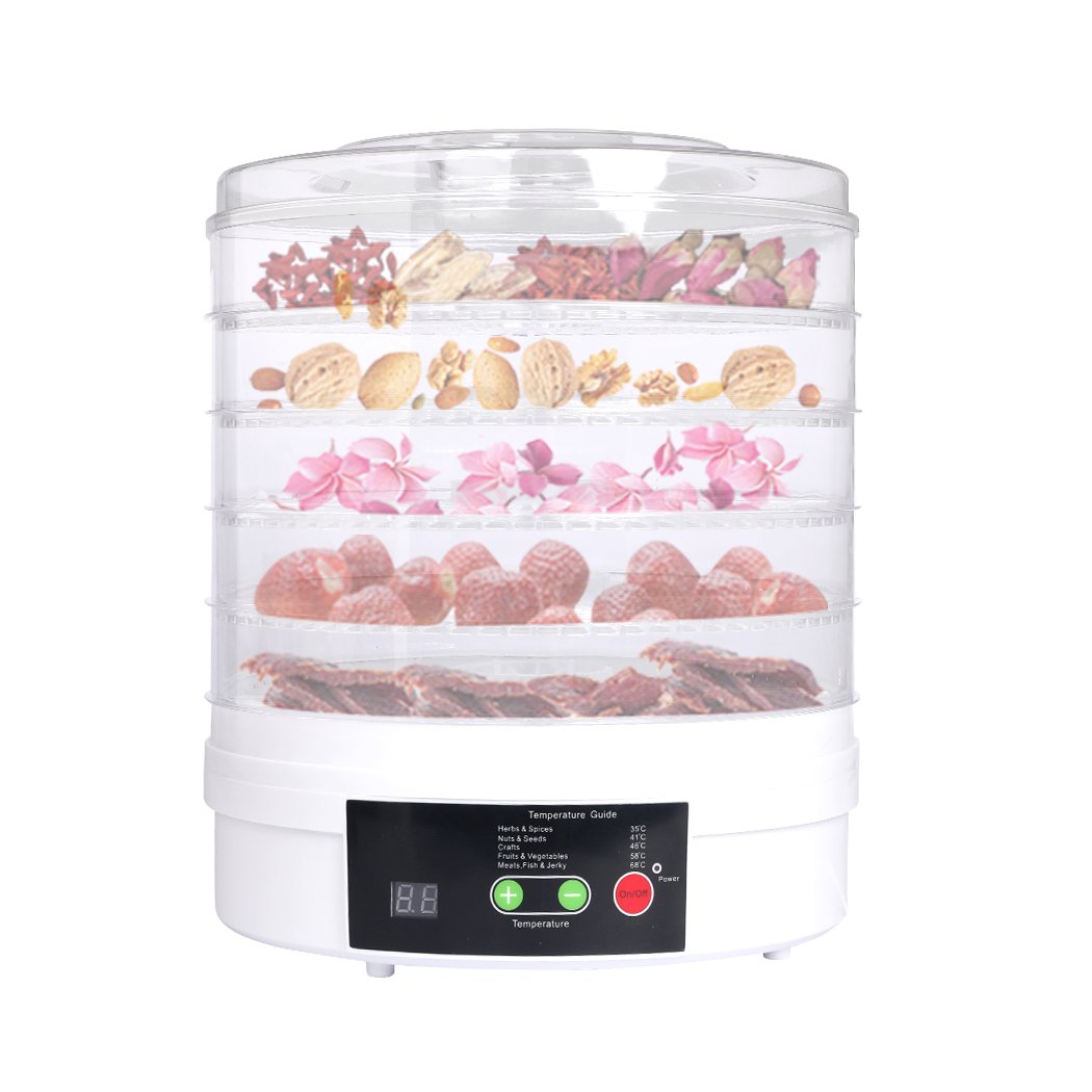 Food Dehydrator with transparent trays for drying fruits and vegetables, featuring adjustable height and a sleek white design.
