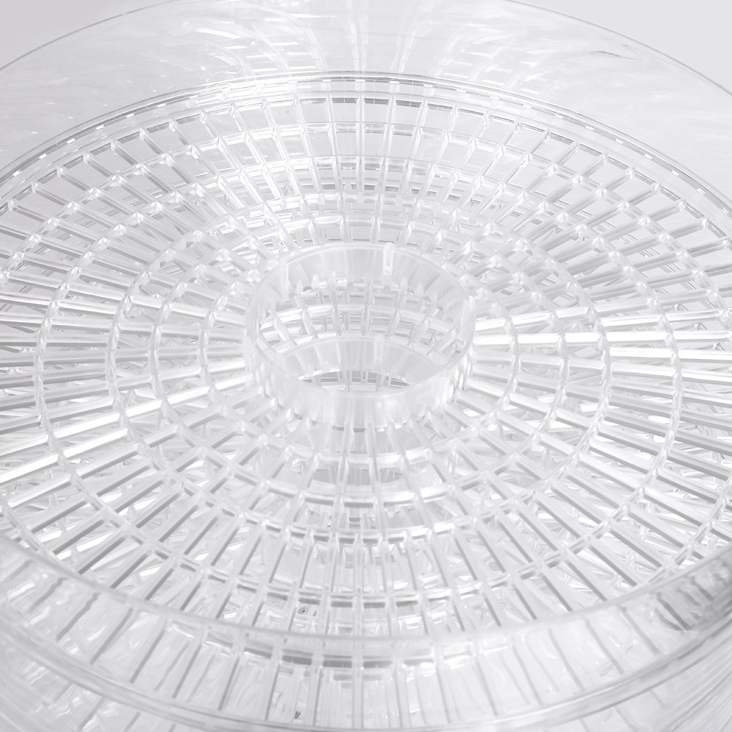 Food Dehydrator with transparent trays for drying fruits and vegetables, featuring adjustable height and a sleek white design.