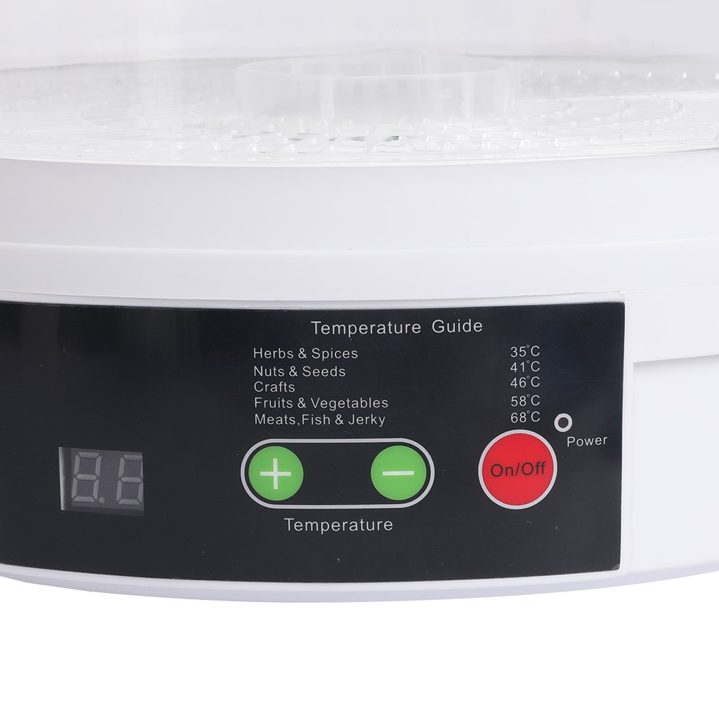 Food Dehydrator with transparent trays for drying fruits and vegetables, featuring adjustable height and a sleek white design.