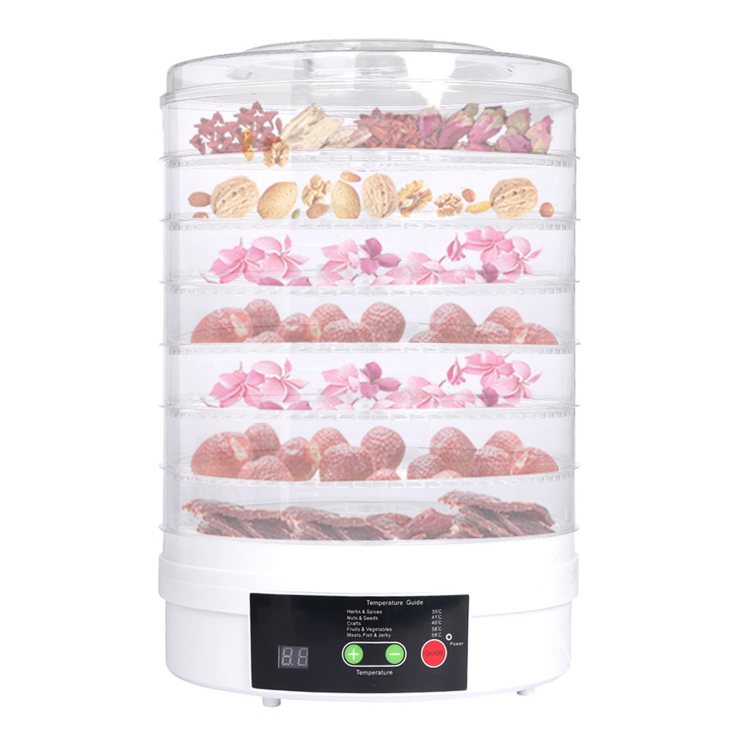 Food Dehydrator with transparent trays and adjustable height for drying fruits, vegetables, and beef jerky.